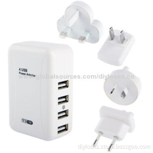 4 Easy Travel Interchangeable Plugs USB Power Adapter for Mobile Devices, 100-240V AC, 50/60Hz